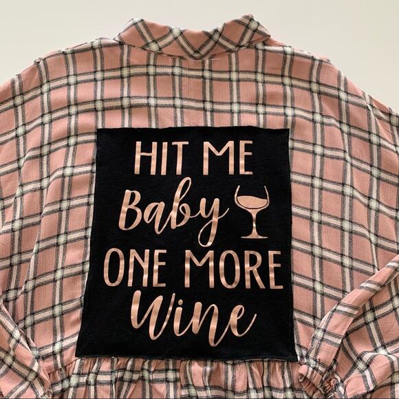 Via Penny Lane Reworked Apparel Hit Me Baby One More Wine Button Up Plaid Shirt - Picture 9 of 9